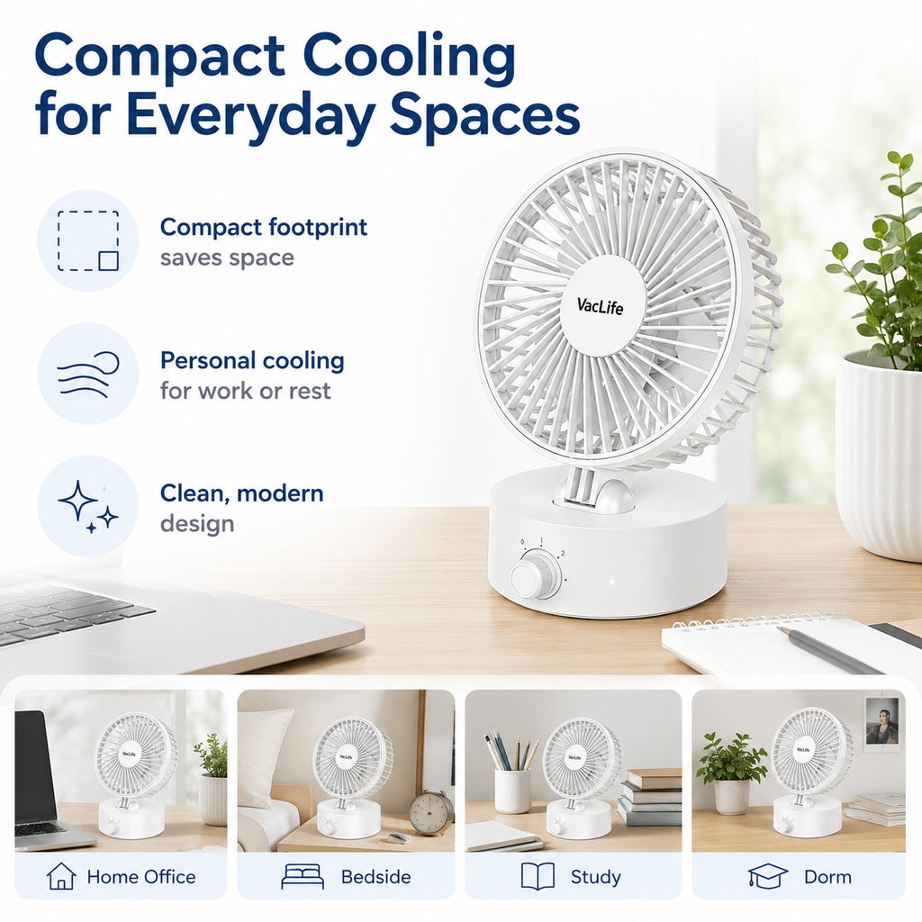 VacLife Personal Desk Fan, USB-C Rechargeable & Plug-in Small Fan, Por