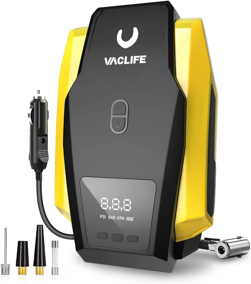 VacLife Tire Inflator Portable Air Compressor - Air Pump for Car Tires (up to 50 PSI), 12V DC Tire Pump for Bikes (up to 150 PSI) w/ LED Light, Digital Pressure Gauge, Model: ATJ-1166, Yellow (VL701) - ASIN: B07MKSP49L